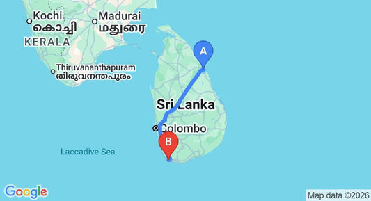 Driving route map: Trincomalee to Galle (362 km, approx 6 h 35 min private transfer)