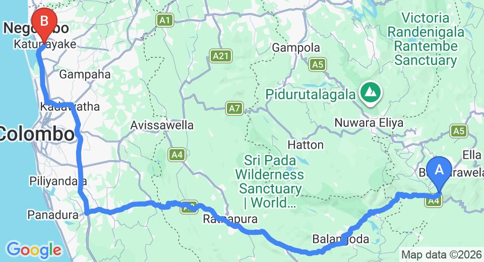 Driving route map: Haputale to Colombo Airport (CMB) (207 km, approx 4 h 51 min private transfer)