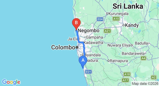 Driving route map: Kalutara to Negombo (86 km, approx 1 h 35 min private transfer)
