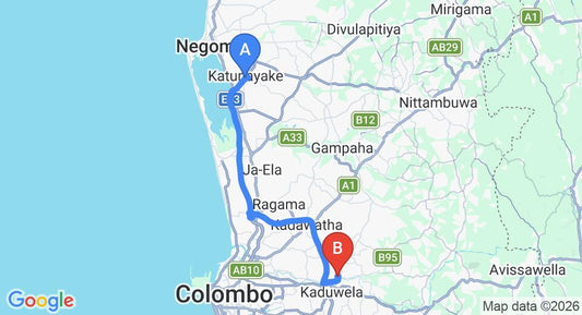 Driving route map: Colombo Airport (CMB) to Biyagama Industrial Processing Zone (40 km, approx 43 min private transfer)