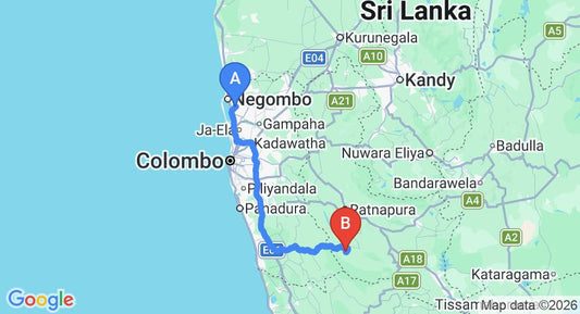 Driving route map: Colombo Airport (CMB) to Boulder Gardens, Kalawana (136 km, approx 2 h 32 min private transfer)