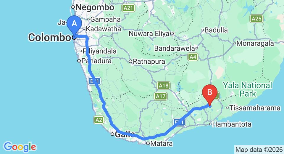 Driving route map: Colombo to Mattala (HRI) Airport (232 km, approx 3 h 12 min private transfer)