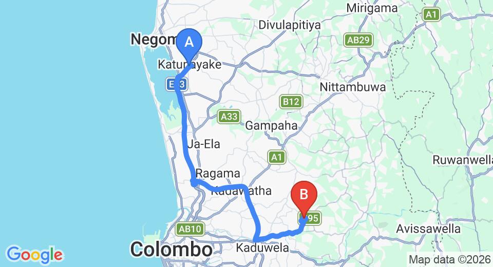 Driving route map: Colombo Airport (CMB) to Dekatana (48 km, approx 1 h 1 min private transfer)