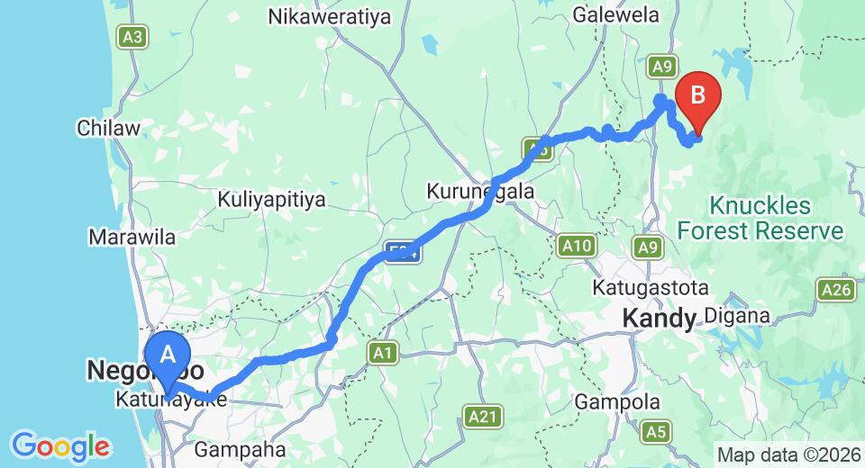 Driving route map: Colombo Airport (CMB) to Kudaoya Villa, Matale (136 km, approx 3 h 26 min private transfer)