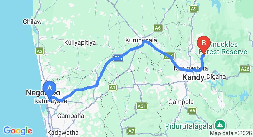 Driving route map: Colombo Airport (CMB) to Hunas Falls by Amaya, Kandy (129 km, approx 3 h 25 min private transfer)