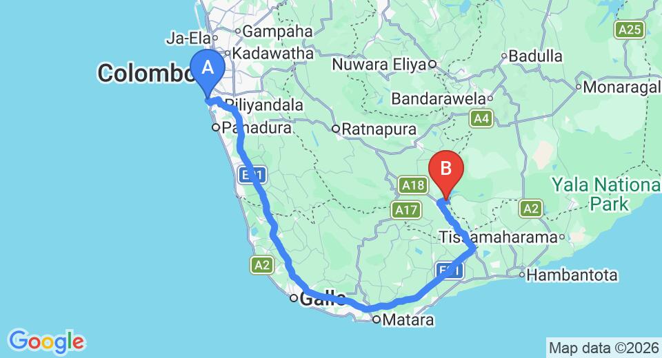 Driving route map: Ratmalana (RML) Airport to Udawalawe (220 km, approx 3 h 20 min private transfer)