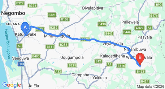 Driving route map: Colombo Airport (CMB) to Ruggahawila (32 km, approx 1 h 4 min private transfer)
