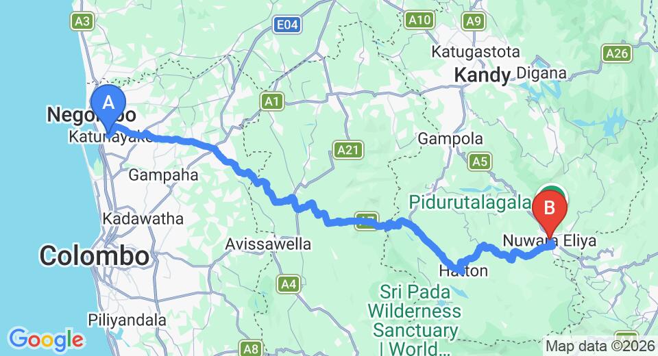 Driving route map: Colombo Airport (CMB) to Green Forest, Nuwara Eliya (152 km, approx 4 h 41 min private transfer)