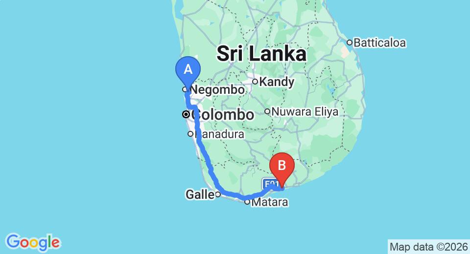 Driving route map: Colombo Airport (CMB) to Kalametiya (229 km, approx 3 h 8 min private transfer)