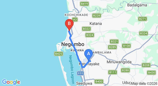 Driving route map: Colombo Airport (CMB) to Hotel Romano, Negombo (12 km, approx 30 min private transfer)