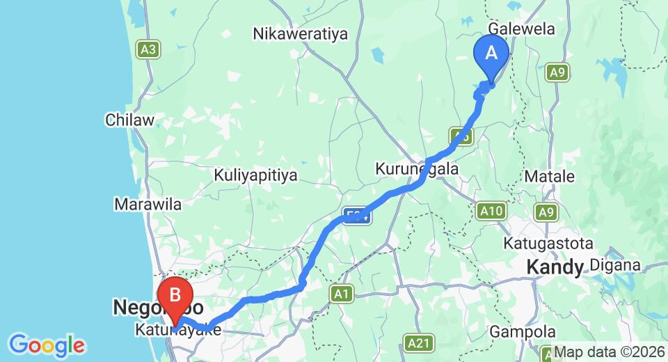 Driving route map: Melsiripura to Colombo Airport (CMB) (103 km, approx 2 h 18 min private transfer)