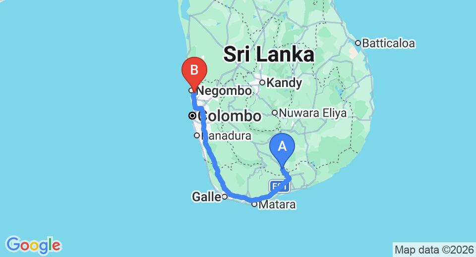 Driving route map: Embilipitiya to Colombo Airport (CMB) (243 km, approx 3 h 10 min private transfer)