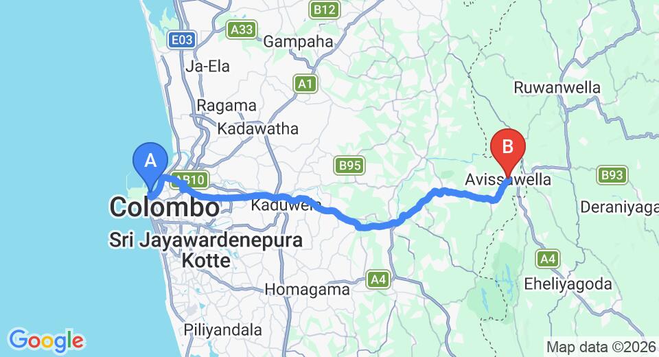 Driving route map: Colombo Seaport to Avissawella (48 km, approx 1 h 34 min private transfer)