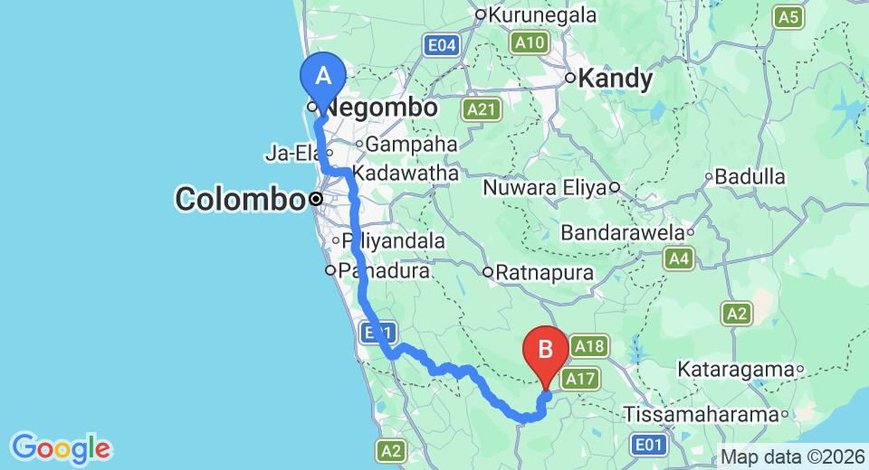 Driving route map: Colombo Airport (CMB) to Deniyaya (185 km, approx 3 h 44 min private transfer)