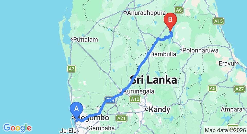 Driving route map: Colombo Airport (CMB) to Kaudulla (178 km, approx 3 h 45 min private transfer)