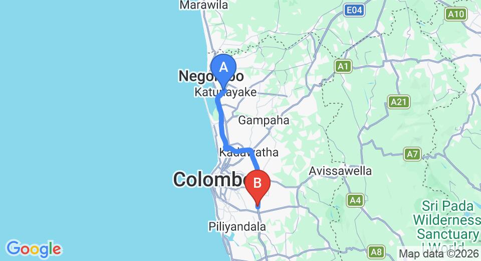 Driving route map: Colombo Airport (CMB) to Rukmale (47 km, approx 43 min private transfer)