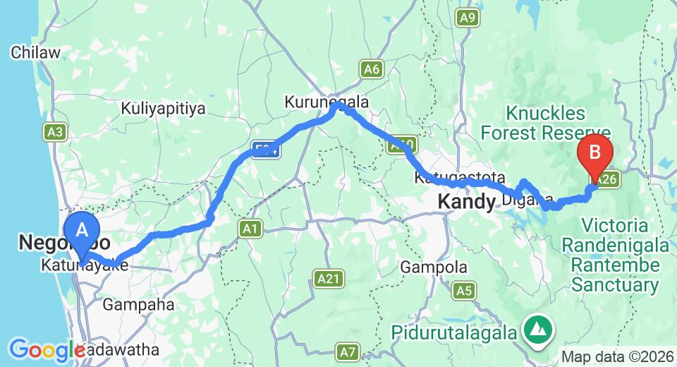 Driving route map: Colombo Airport (CMB) to Mount Holiday inn, Hunnasgiriya (156 km, approx 4 h 3 min private transfer)