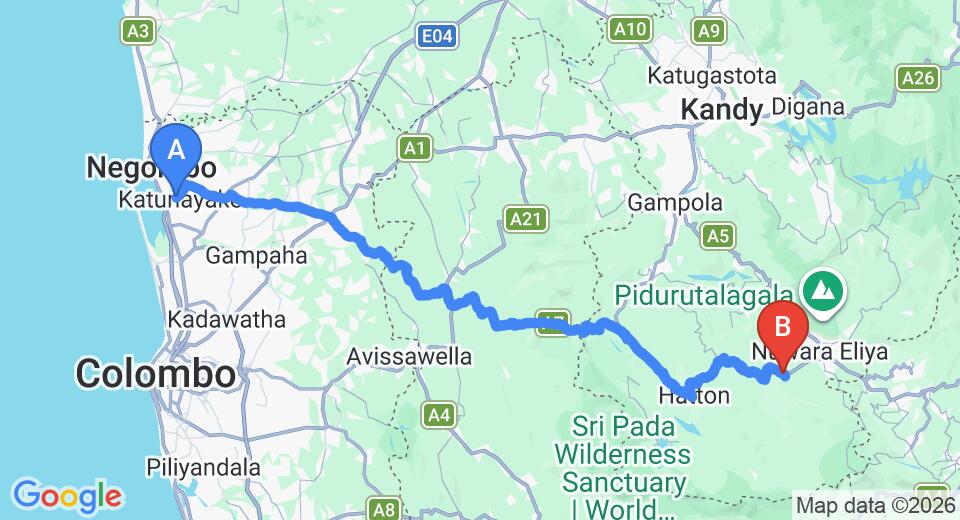 Driving route map: Colombo Airport (CMB) to Langdale By Amaya, Nuwara Eliya (144 km, approx 4 h 23 min private transfer)
