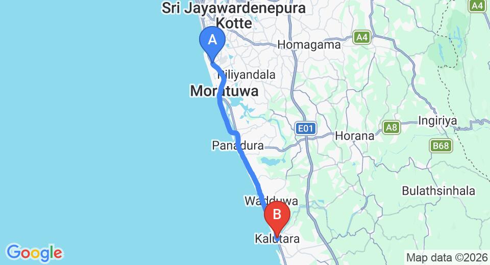 Driving route map: Ratmalana (RML) Airport to Kalutara (29 km, approx 54 min private transfer)