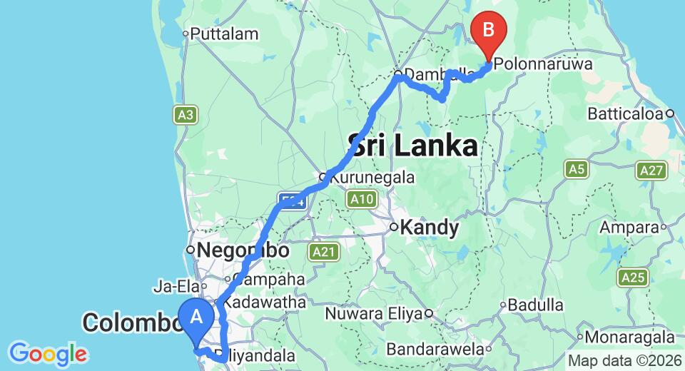 Driving route map: Ratmalana (RML) Airport to Polonnaruwa (237 km, approx 5 h 4 min private transfer)