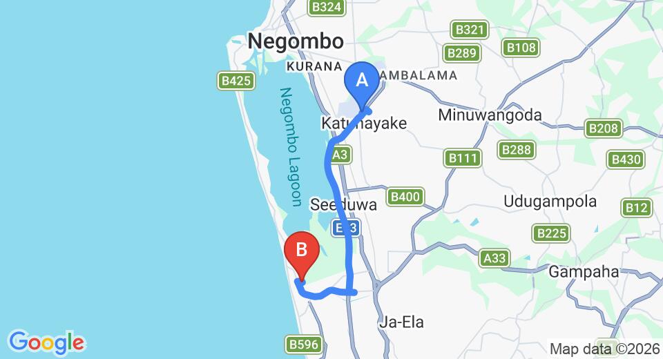 Driving route map: Colombo Airport (CMB) to Pamunugama (16 km, approx 24 min private transfer)