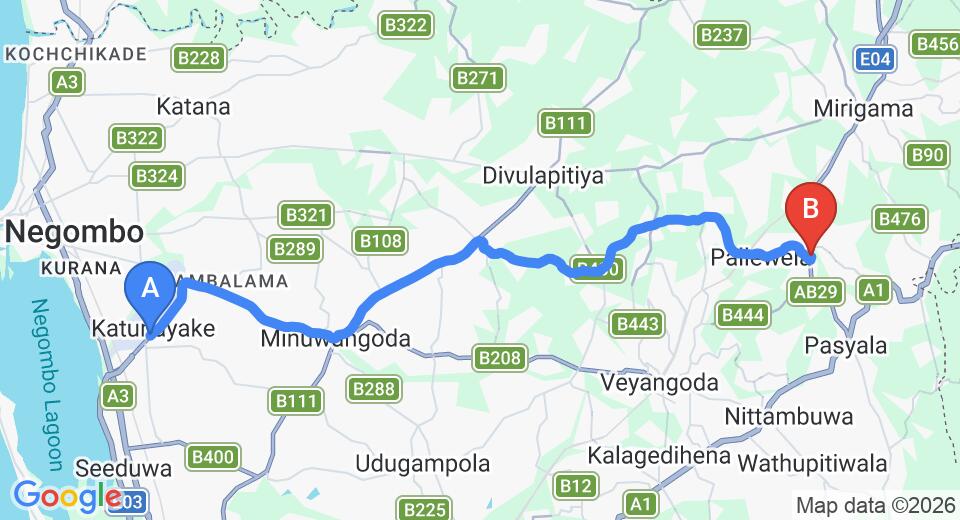 Driving route map: Colombo Airport (CMB) to Kaleliya (31 km, approx 56 min private transfer)