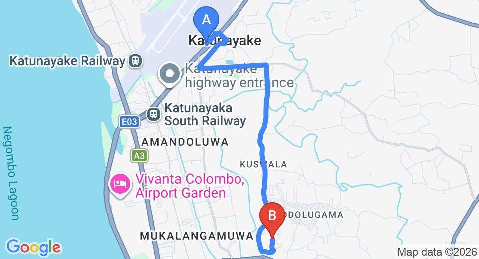 Driving route map: Colombo Airport (CMB) to Raddoluwa (7 km, approx 17 min private transfer)