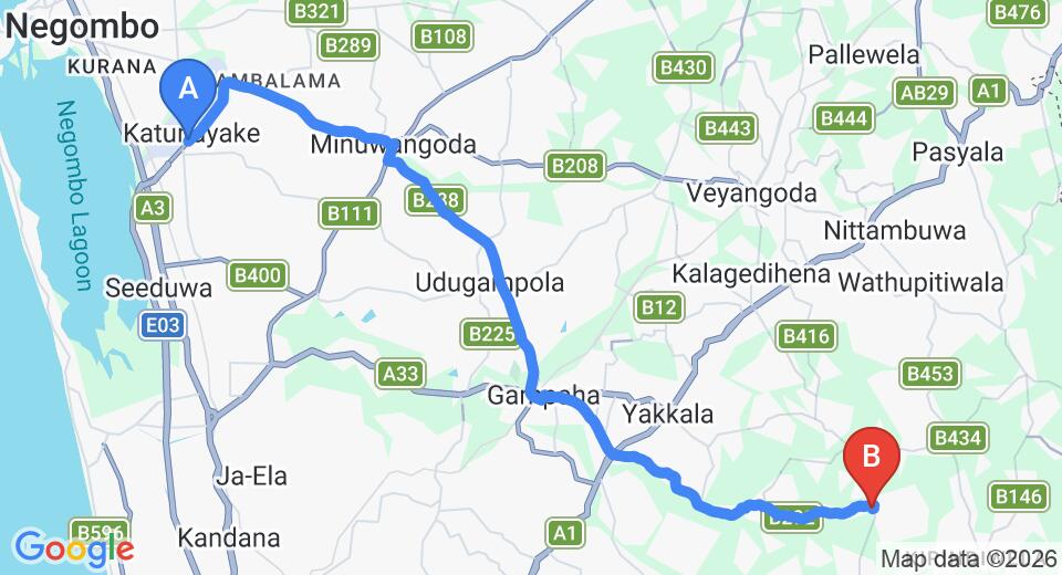 Driving route map: Colombo Airport (CMB) to Comilla Bungalow, Gampaha (34 km, approx 1 h 7 min private transfer)