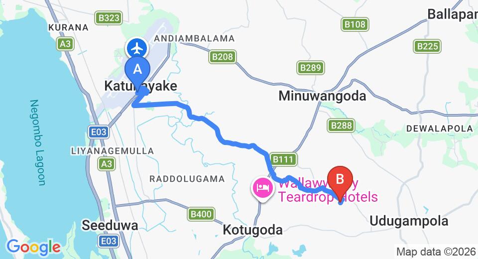 Driving route map: Colombo Airport (CMB) to Uggalboda (11 km, approx 25 min private transfer)