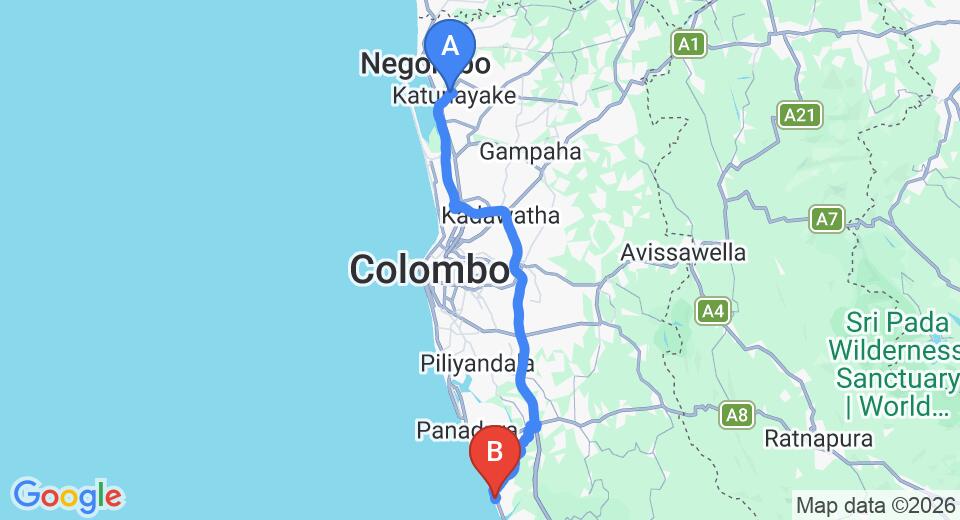 Driving route map: Colombo Airport (CMB) to Mermaid Hotel Club, Kalutara (79 km, approx 1 h 24 min private transfer)