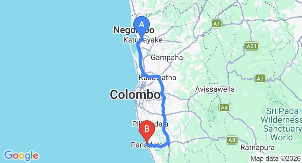 Driving route map: Colombo Airport (CMB) to Neth Piyasa, Panadura (76 km, approx 1 h 23 min private transfer)