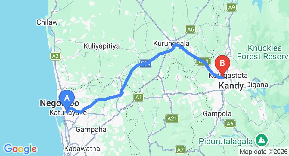 Driving route map: Colombo Airport (CMB) to Manor House, Kandy (105 km, approx 2 h 29 min private transfer)