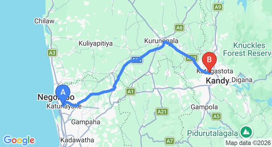 Driving route map: Colombo Airport (CMB) to The Mansion, Kandy (105 km, approx 2 h 29 min private transfer)