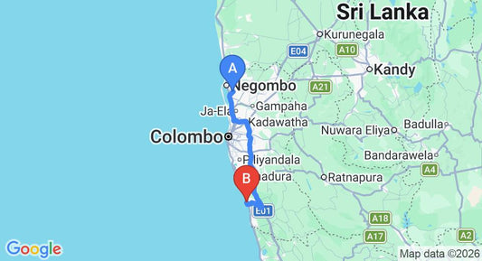 Driving route map: Colombo Airport (CMB) to Avani Kalutara Resort, Kalutara (96 km, approx 1 h 37 min private transfer)