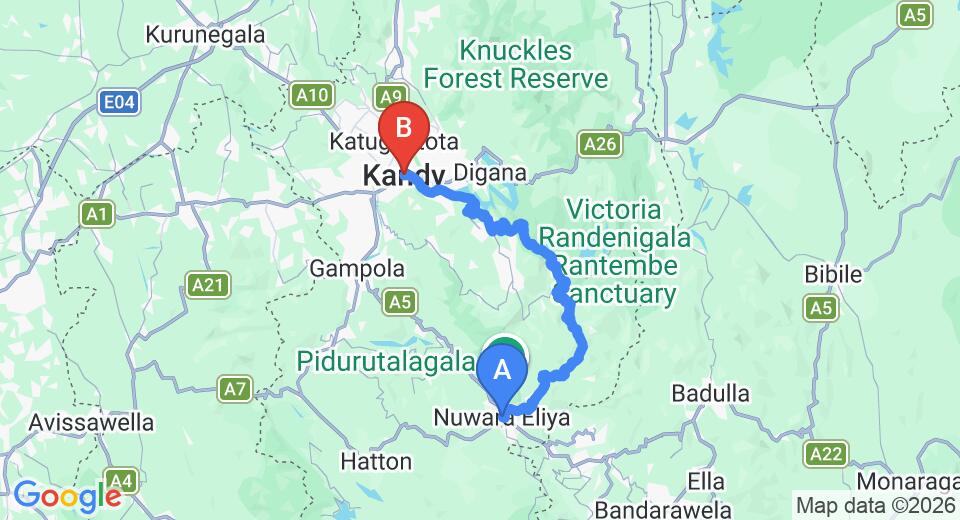 Driving route map: Nuwara Eliya to Kandy (94 km, approx 2 h 54 min private transfer)