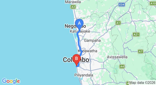 Driving route map: Colombo Airport (CMB) to Colombo 1 (38 km, approx 57 min private transfer)
