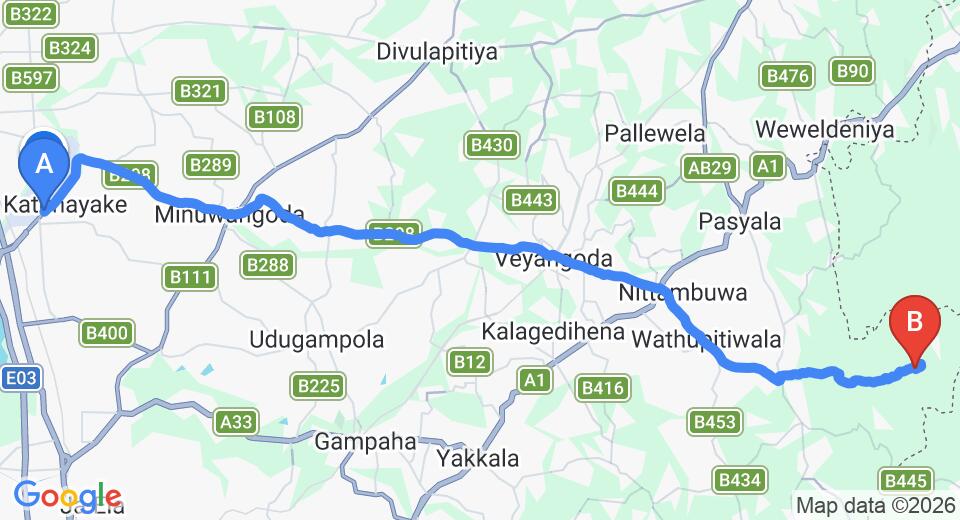 Driving route map: Colombo Airport (CMB) to Alawala (39 km, approx 1 h 17 min private transfer)