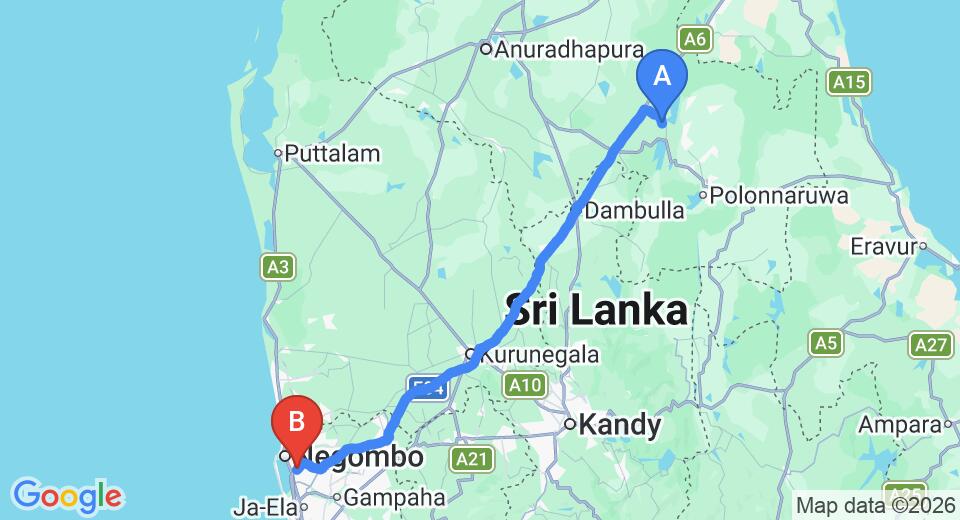Driving route map: Kaudulla to Colombo Airport (CMB) (175 km, approx 3 h 38 min private transfer)