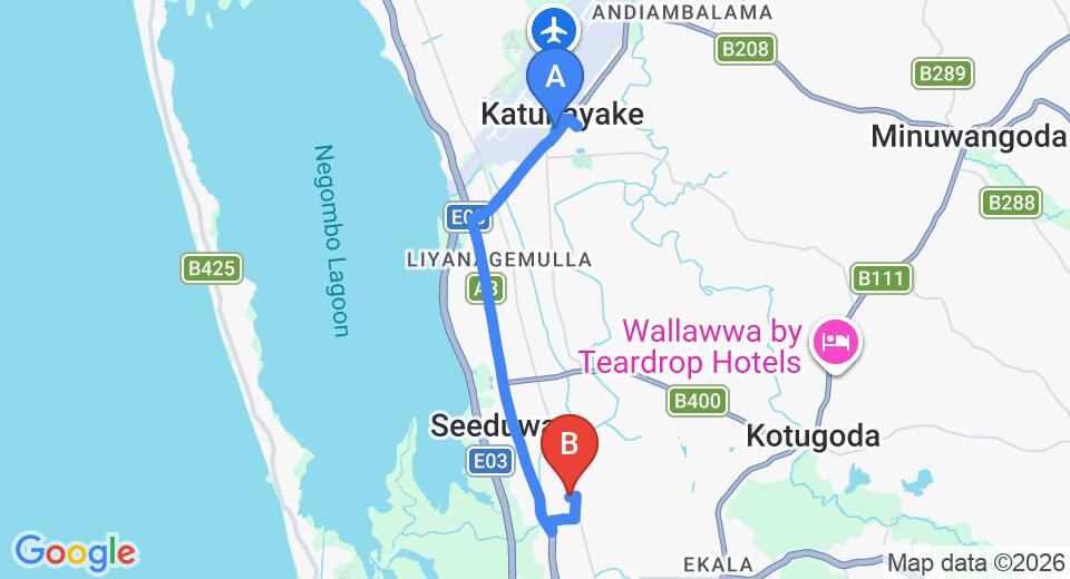 Driving route map: Colombo Airport (CMB) to Alawathupitiya (10 km, approx 21 min private transfer)