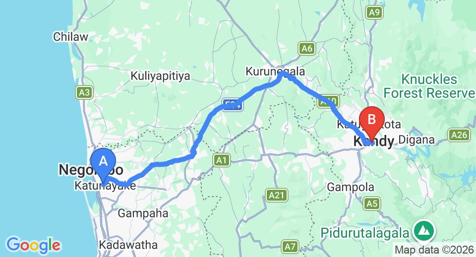 Driving route map: Colombo Airport (CMB) to Kandyan Holiday Center, Kandy (113 km, approx 2 h 51 min private transfer)