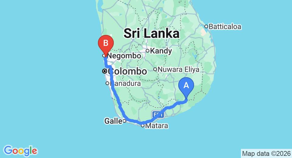 Driving route map: Kataragama to Colombo Airport (CMB) (282 km, approx 3 h 40 min private transfer)