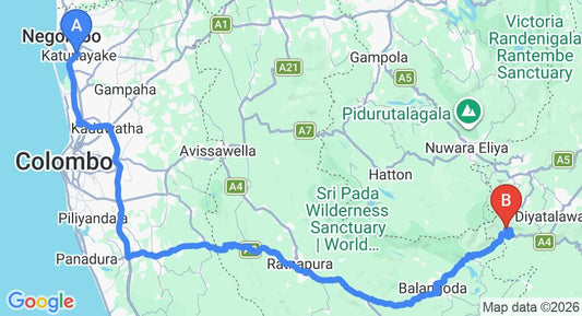Driving route map: Colombo Airport (CMB) to World's End Lodge, Ohiya (200 km, approx 4 h 48 min private transfer)