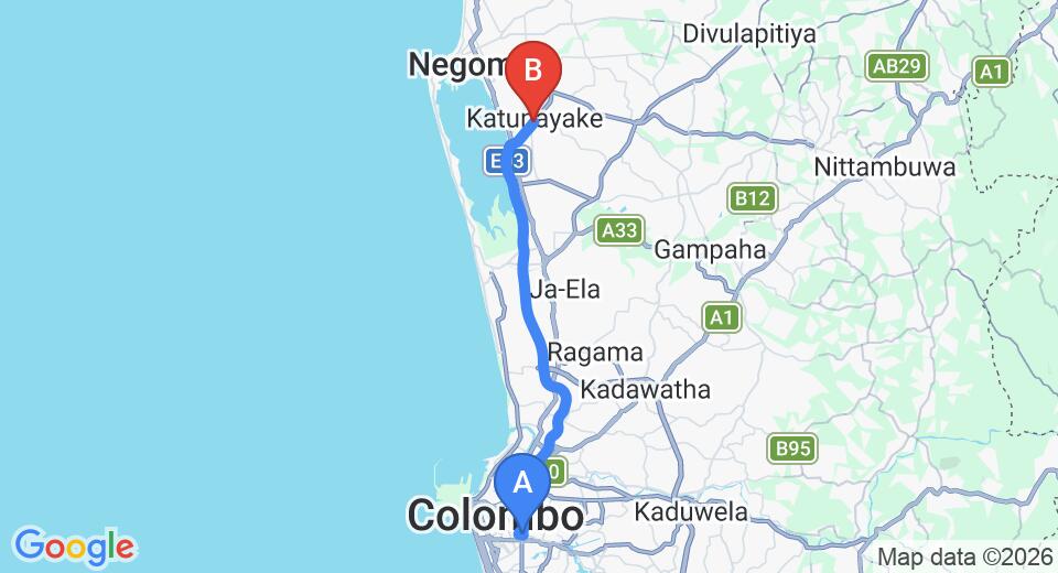 Driving route map: Borella to Colombo Airport (CMB) (32 km, approx 37 min private transfer)