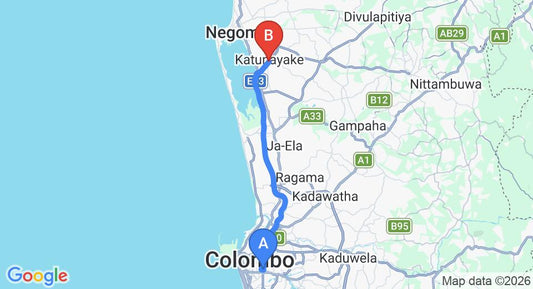 Driving route map: Borella to Colombo Airport (CMB) (32 km, approx 37 min private transfer)
