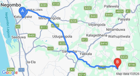 Driving route map: Colombo Airport (CMB) to The Pineapple Villa, Gampaha (36 km, approx 1 h 11 min private transfer)