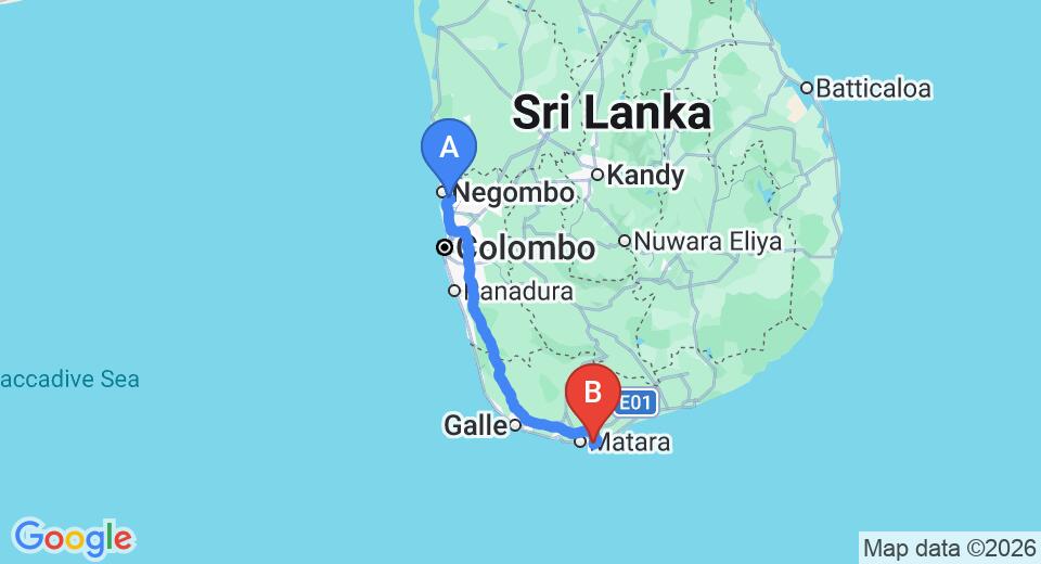 Driving route map: Colombo Airport (CMB) to Gandara (199 km, approx 2 h 48 min private transfer)