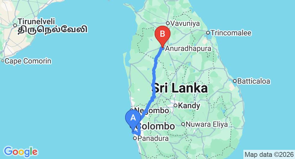 Driving route map: Ratmalana (RML) Airport to Anuradhapura (220 km, approx 4 h 42 min private transfer)