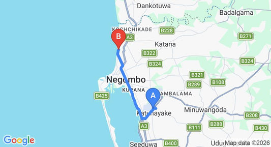 Driving route map: Colombo Airport (CMB) to Hotel Shanelo, Negombo (13 km, approx 32 min private transfer)