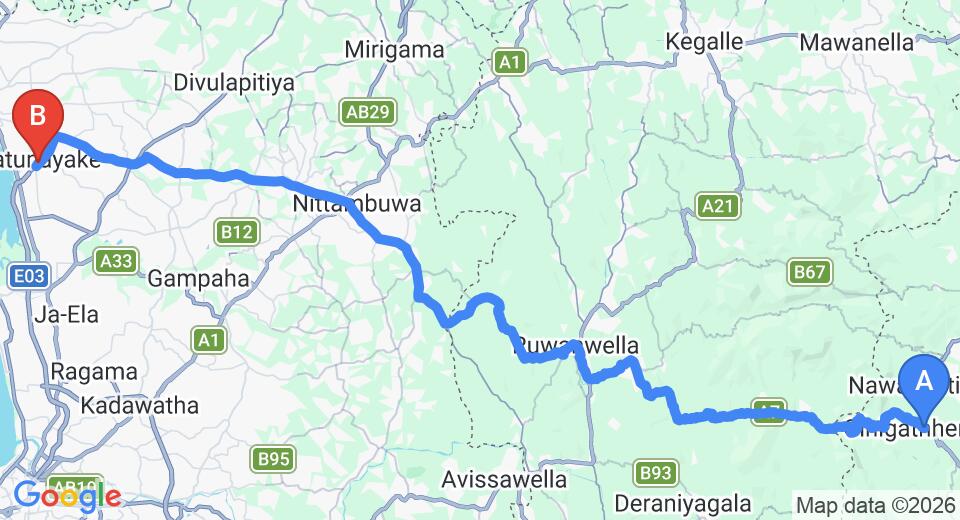 Driving route map: Ginigathhena to Colombo Airport (CMB) (99 km, approx 2 h 57 min private transfer)