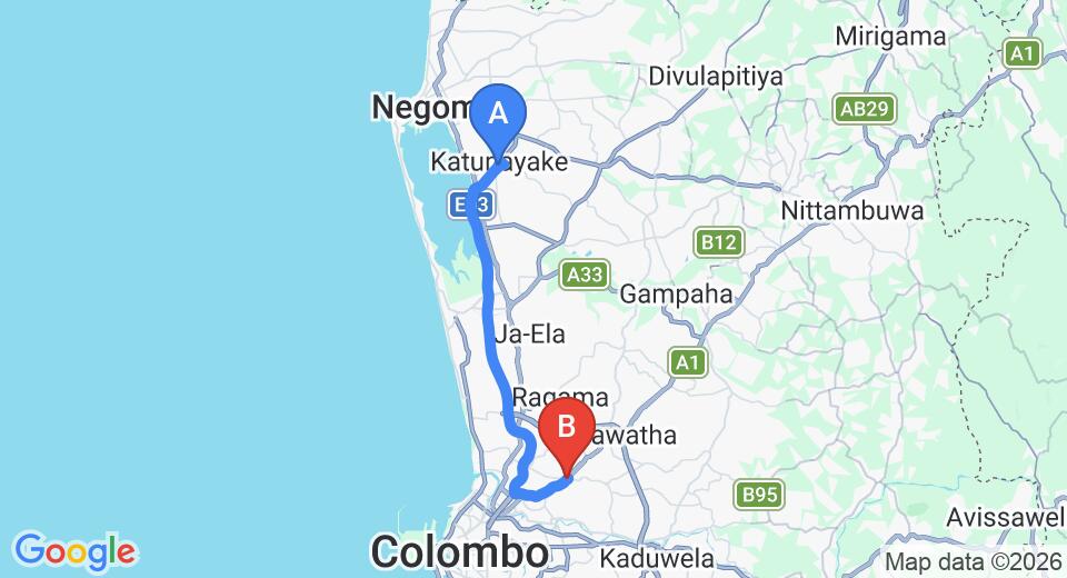 Driving route map: Colombo Airport (CMB) to Kiribathgoda (30 km, approx 36 min private transfer)